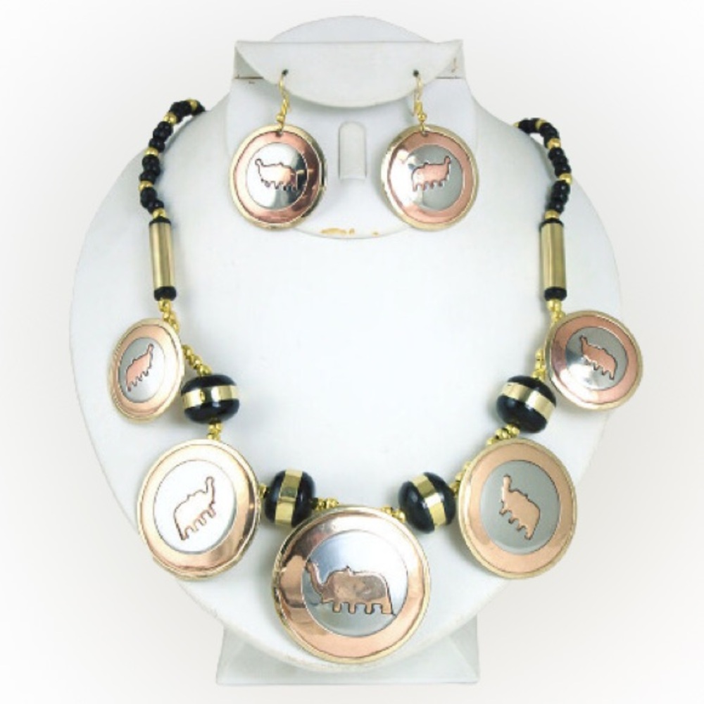 Inlayed Brass/Copper Necklace & Earrings